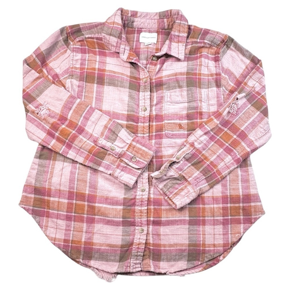 American Eagle Plaid Flannel Shirt. Factory Distressed Tears Rips Pink. Medium